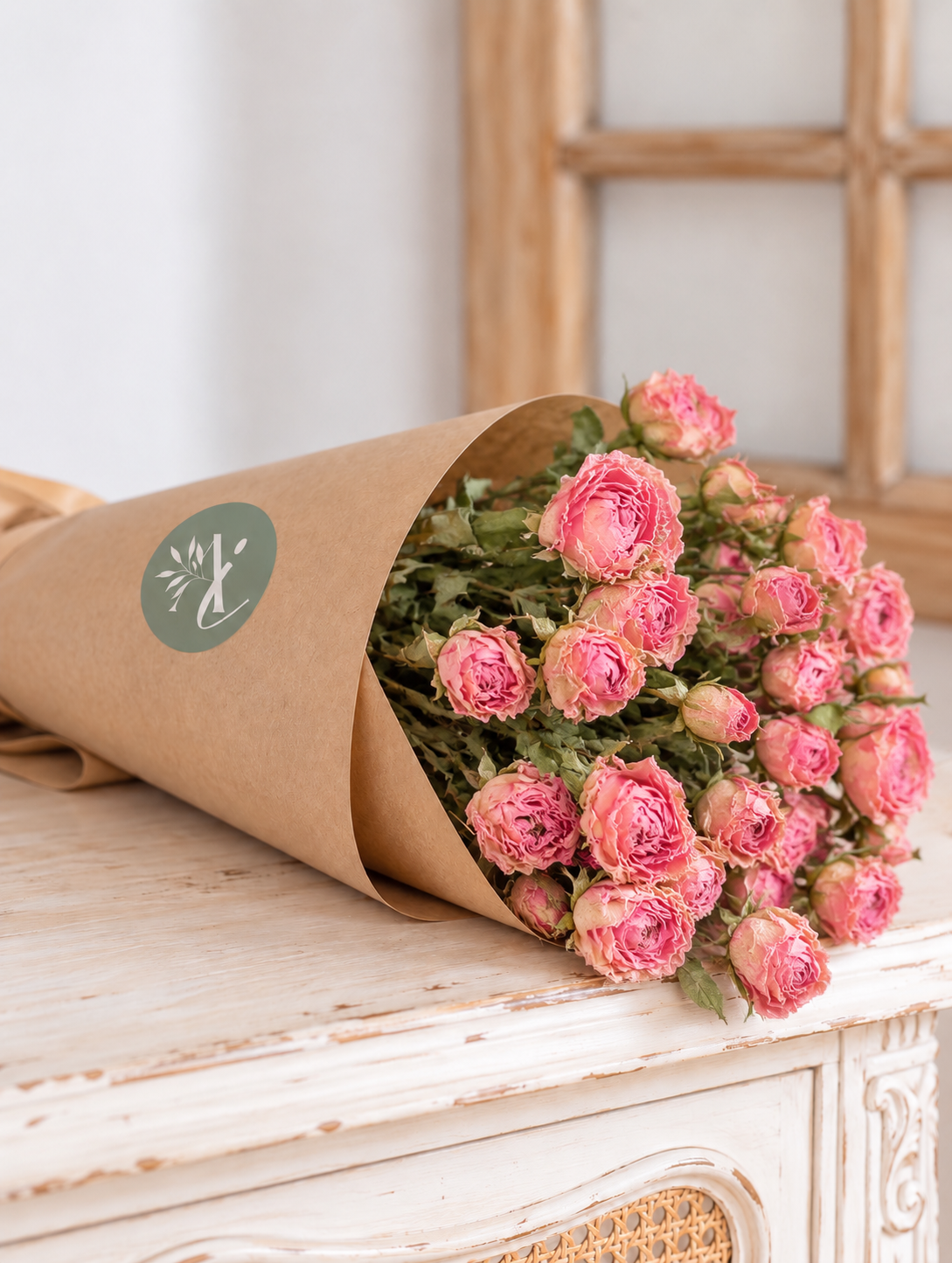 Botte de rose branchue séchée rose (10 tiges)